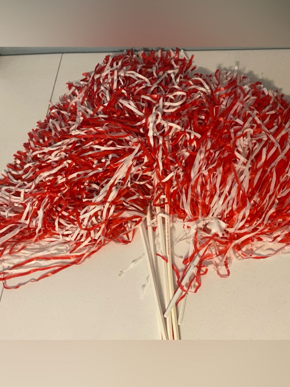 Red and White Cheer Pom Poms - Set of Plastic Handle Pom-Poms